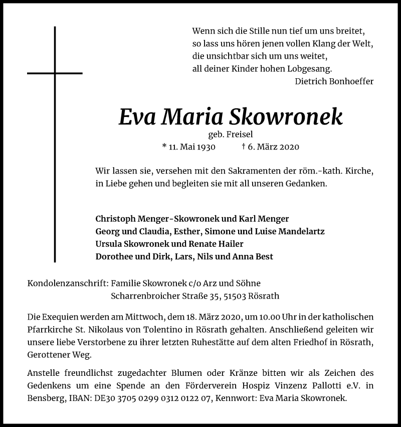  Traueranzeige für Eva Maria Skowronek vom 14.03.2020 aus Zeitungsgruppe Köln