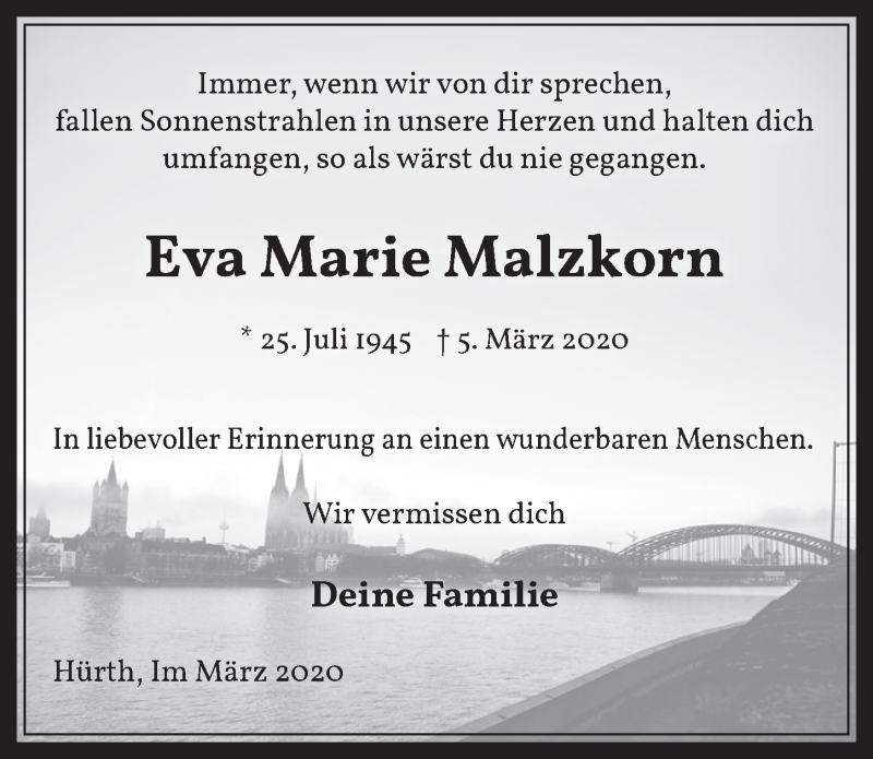  Traueranzeige für Eva Marie Malzkorn vom 18.03.2020 aus  Wochenende 