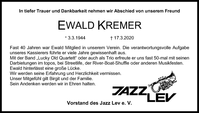  Traueranzeige für Ewald Kremer vom 28.03.2020 aus Kölner Stadt-Anzeiger / Kölnische Rundschau / Express