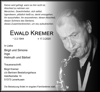 Anzeige von Ewald Kremer von Kölner Stadt-Anzeiger / Kölnische Rundschau / Express