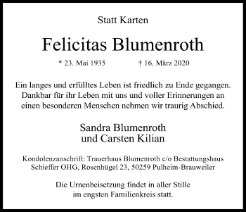 Anzeige von Felicitas Blumenroth von Kölner Stadt-Anzeiger / Kölnische Rundschau / Express