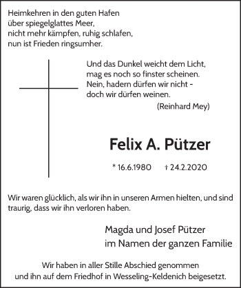 Anzeige von Felix A. Pützer von  Schaufenster/Blickpunkt  Schlossbote/Werbekurier 