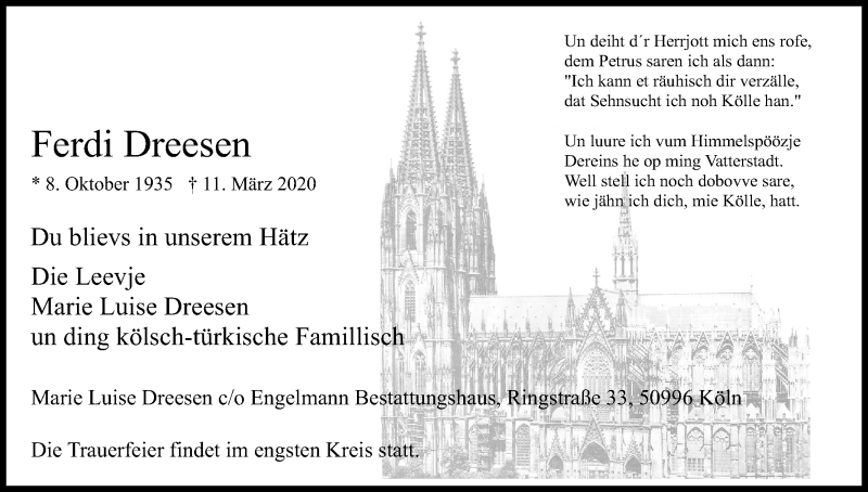  Traueranzeige für Ferdi Dreesen vom 14.03.2020 aus Zeitungsgruppe Köln