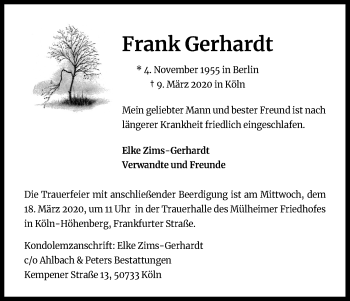 Anzeige von Frank Gerhardt von Zeitungsgruppe Köln