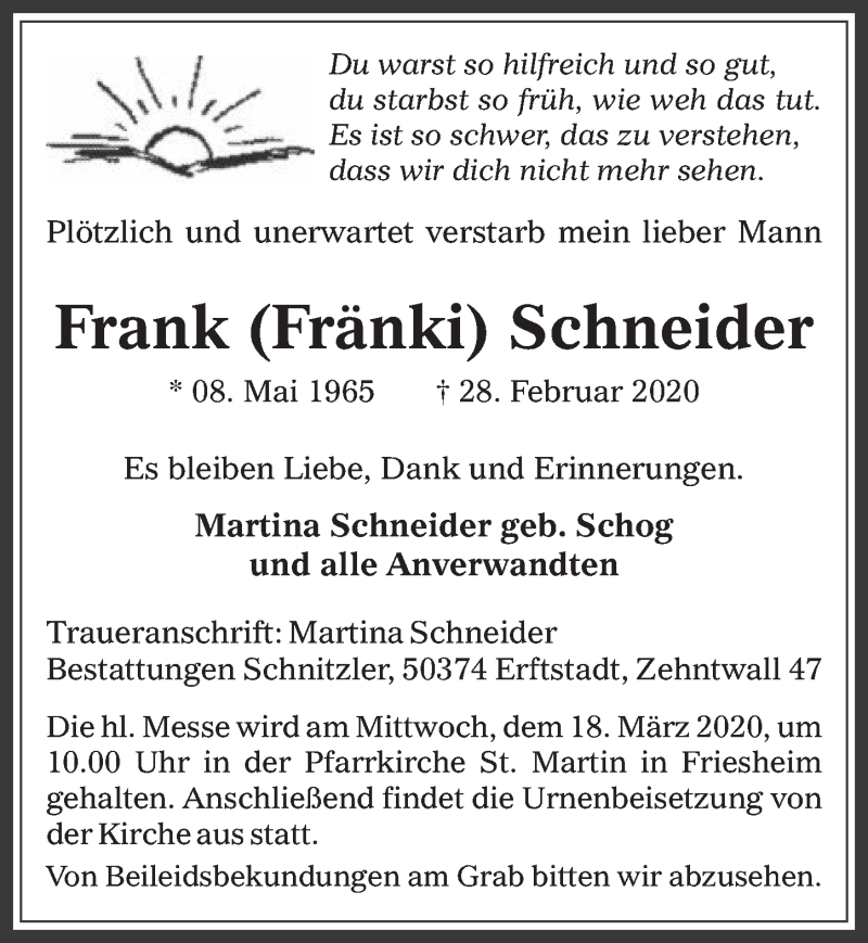  Traueranzeige für Frank Schneider vom 11.03.2020 aus  Werbepost 