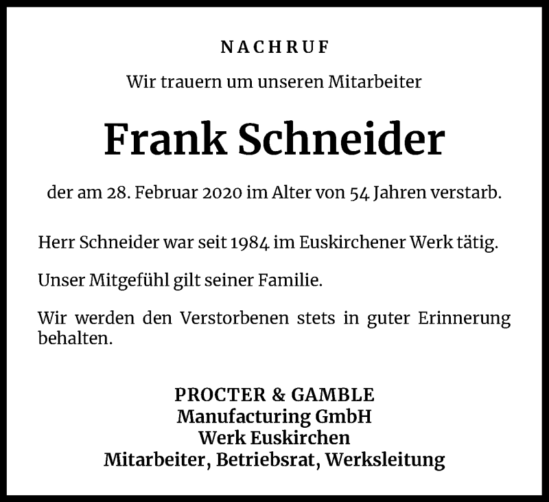  Traueranzeige für Frank Schneider vom 14.03.2020 aus Zeitungsgruppe Köln