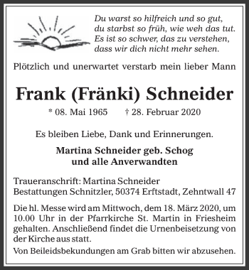 Anzeige von Frank Schneider von  Werbepost 