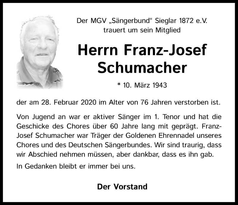  Traueranzeige für Franz-Josef Schumacher vom 05.03.2020 aus Kölner Stadt-Anzeiger / Kölnische Rundschau / Express