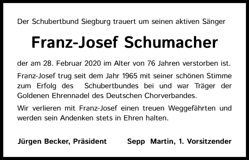  Traueranzeige für Franz-Josef Schumacher vom 11.03.2020 aus Kölner Stadt-Anzeiger / Kölnische Rundschau / Express