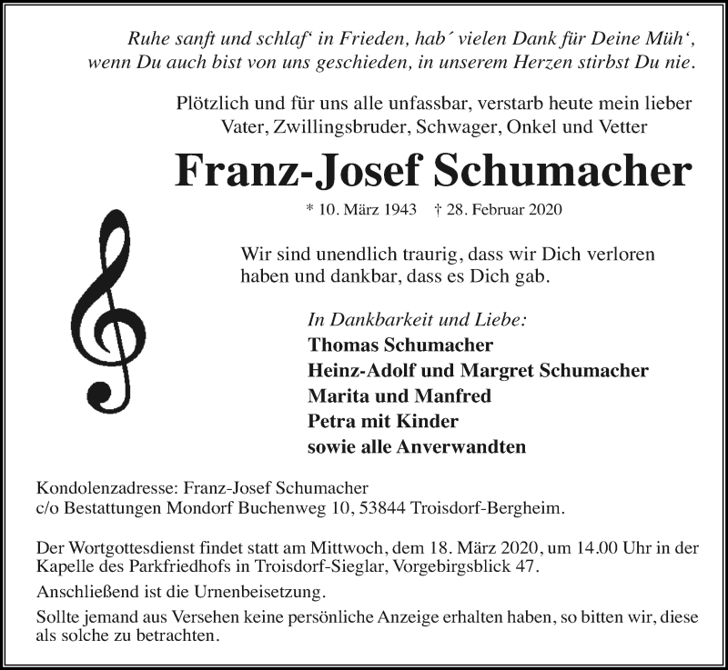  Traueranzeige für Franz-Josef Schumacher vom 07.03.2020 aus Kölner Stadt-Anzeiger / Kölnische Rundschau / Express