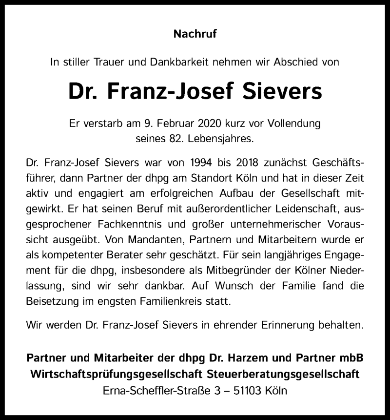  Traueranzeige für Franz-Josef Sievers vom 07.03.2020 aus Kölner Stadt-Anzeiger / Kölnische Rundschau / Express