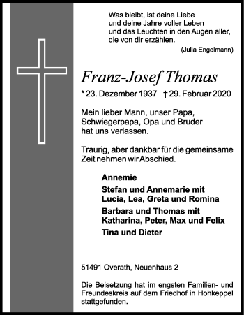 Anzeige von Franz-Josef Thomas von Zeitungsgruppe Köln