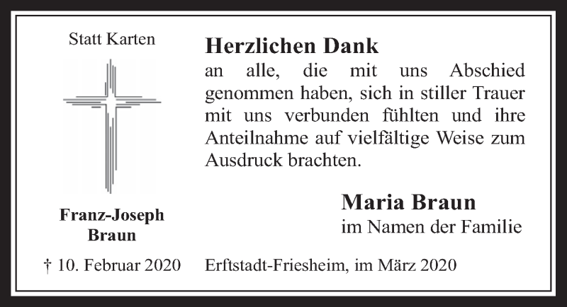  Traueranzeige für Franz-Joseph Braun vom 18.03.2020 aus  Werbepost 