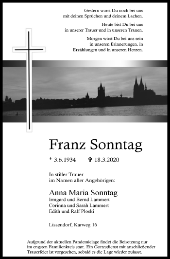 Anzeige von Franz Sonntag von  Kölner Wochenspiegel 