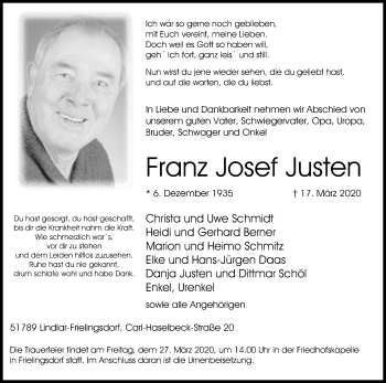 Anzeige von Franz Josef Justen von Kölner Stadt-Anzeiger / Kölnische Rundschau / Express