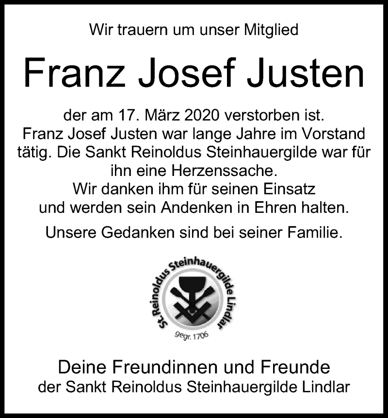  Traueranzeige für Franz Josef Justen vom 28.03.2020 aus Kölner Stadt-Anzeiger / Kölnische Rundschau / Express