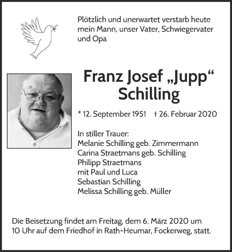  Traueranzeige für Franz Josef Schilling vom 04.03.2020 aus  Kölner Wochenspiegel 