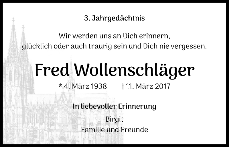  Traueranzeige für Fred Wollenschläger vom 11.03.2020 aus Kölner Stadt-Anzeiger / Kölnische Rundschau / Express