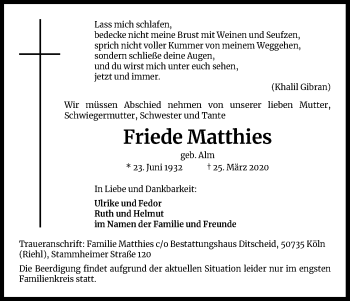 Anzeige von Friede Matthies von Kölner Stadt-Anzeiger / Kölnische Rundschau / Express
