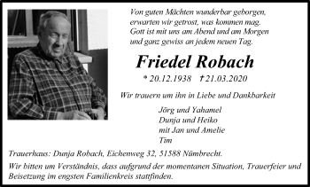 Anzeige von Friedel Robach von Kölner Stadt-Anzeiger / Kölnische Rundschau / Express