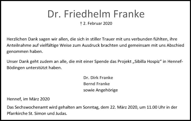  Traueranzeige für Friedhelm Franke vom 14.03.2020 aus Zeitungsgruppe Köln