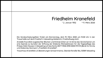 Anzeige von Friedhelm Kranefeld von Zeitungsgruppe Köln