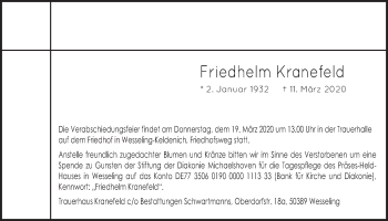 Anzeige von Friedhelm Kranefeld von  Schlossbote/Werbekurier 