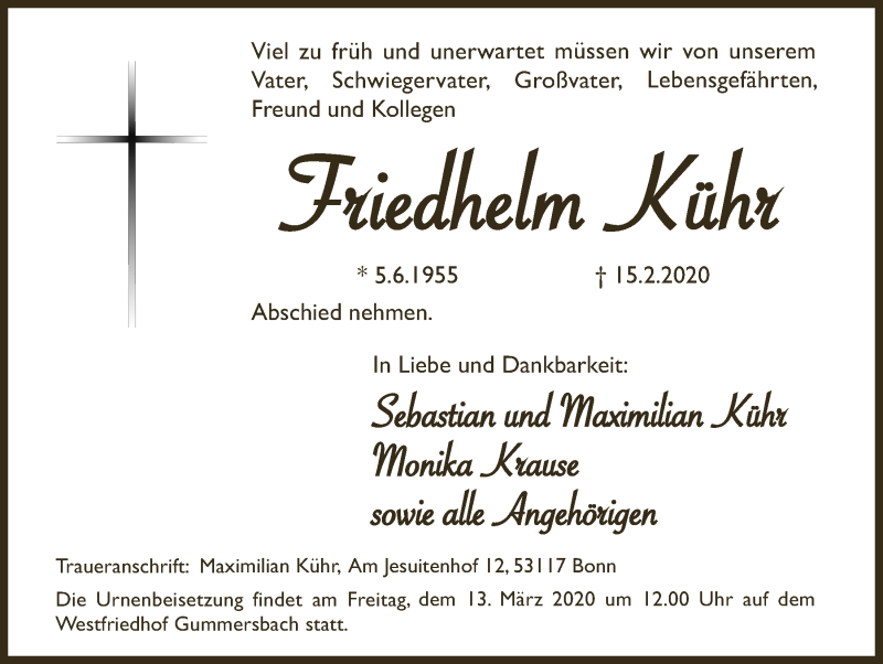  Traueranzeige für Friedhelm Kühr vom 04.03.2020 aus  Anzeigen Echo 