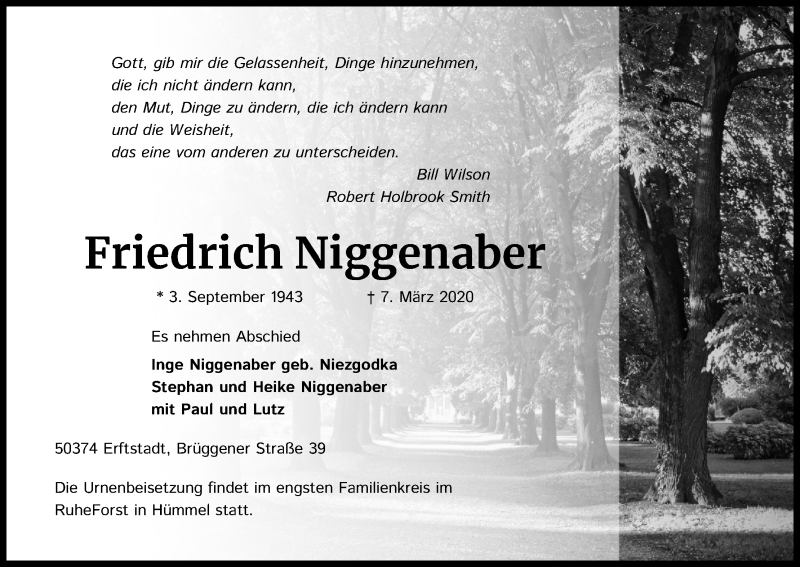  Traueranzeige für Friedrich Niggenaber vom 21.03.2020 aus Kölner Stadt-Anzeiger / Kölnische Rundschau / Express