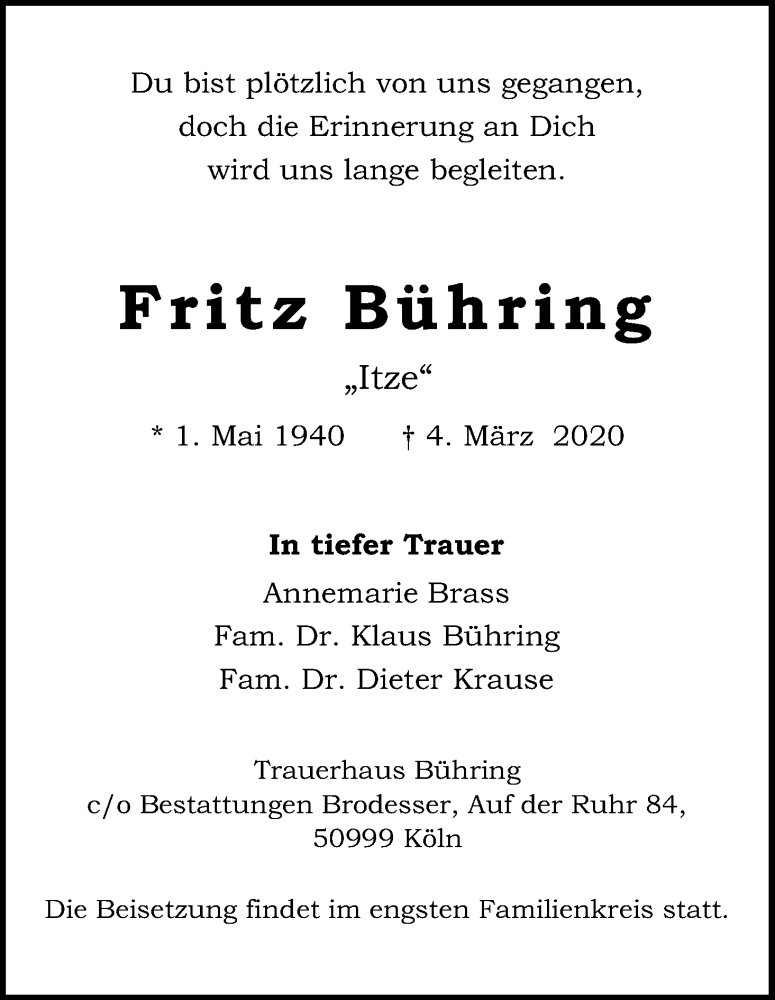  Traueranzeige für Fritz Bühring vom 21.03.2020 aus Kölner Stadt-Anzeiger / Kölnische Rundschau / Express