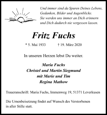 Anzeige von Fritz Fuchs von Kölner Stadt-Anzeiger / Kölnische Rundschau / Express