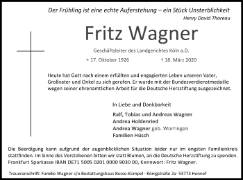 Anzeige von Fritz Wagner von Kölner Stadt-Anzeiger / Kölnische Rundschau / Express