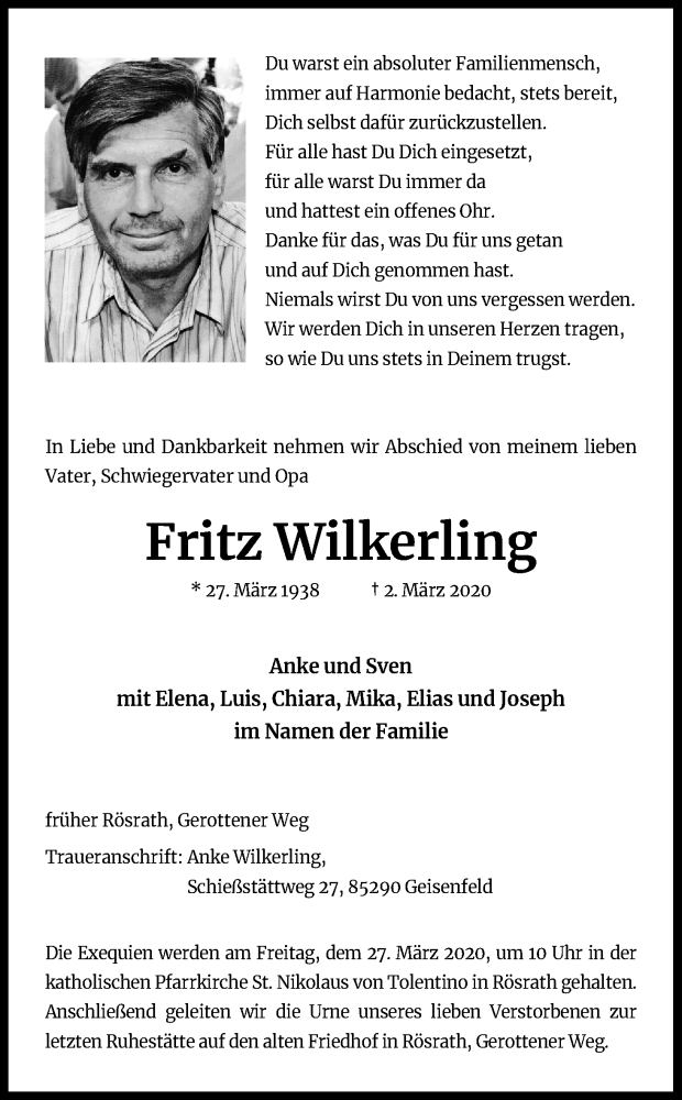  Traueranzeige für Fritz Wilkerling vom 14.03.2020 aus Zeitungsgruppe Köln