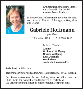 Anzeige von Gabriele Hoffmann von Zeitungsgruppe Köln