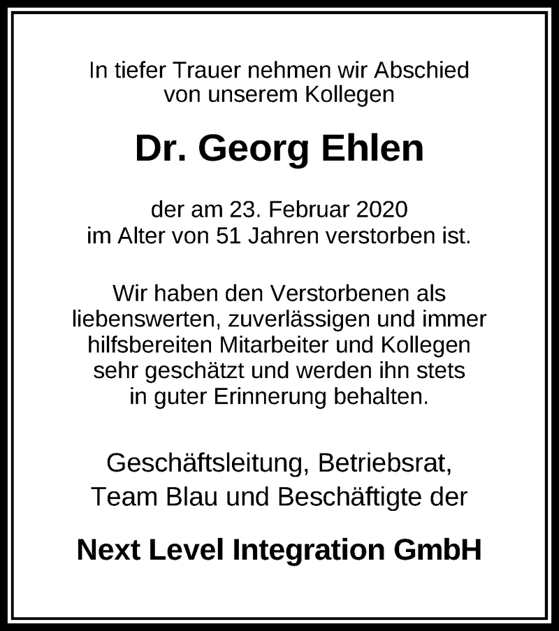 Traueranzeige für Georg Ehlen vom 13.03.2020 aus Kölner Stadt-Anzeiger / Kölnische Rundschau / Express