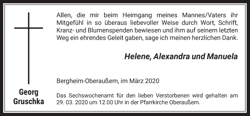  Traueranzeige für Georg Gruschka vom 18.03.2020 aus  Werbepost 