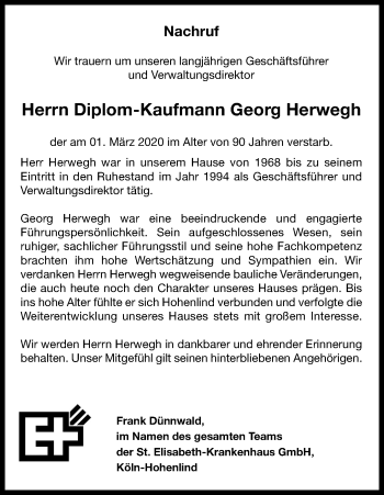 Anzeige von Georg Herwegh von Kölner Stadt-Anzeiger / Kölnische Rundschau / Express