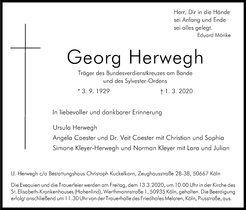  Traueranzeige für Georg Herwegh vom 09.03.2020 aus Kölner Stadt-Anzeiger / Kölnische Rundschau / Express