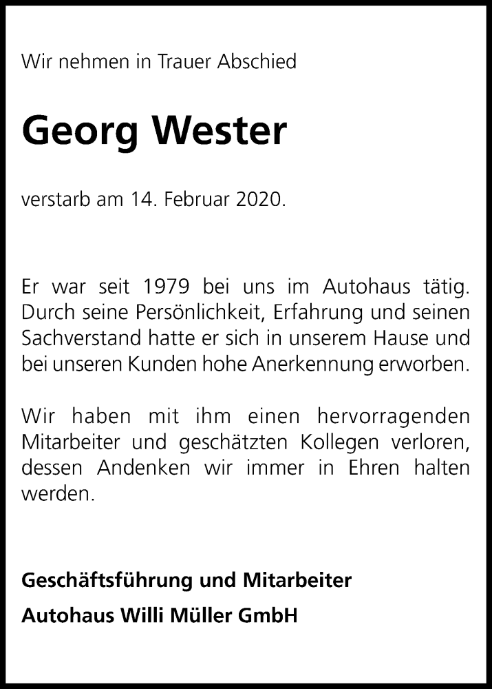  Traueranzeige für Georg Wester vom 14.03.2020 aus Zeitungsgruppe Köln