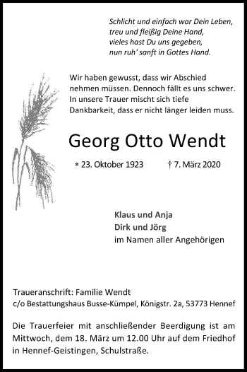 Anzeige von Georg Otto Wendt von Kölner Stadt-Anzeiger / Kölnische Rundschau / Express