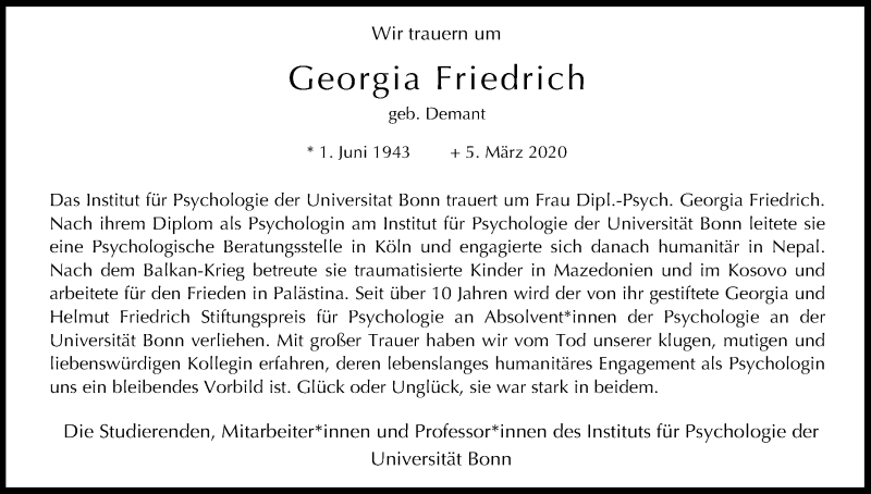  Traueranzeige für Georgia Friedrich vom 21.03.2020 aus Kölner Stadt-Anzeiger / Kölnische Rundschau / Express