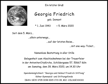 Anzeige von Georgia Friedrich von Zeitungsgruppe Köln