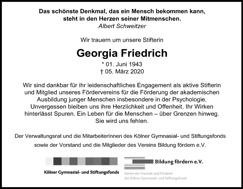  Traueranzeige für Georgia Friedrich vom 14.03.2020 aus Zeitungsgruppe Köln