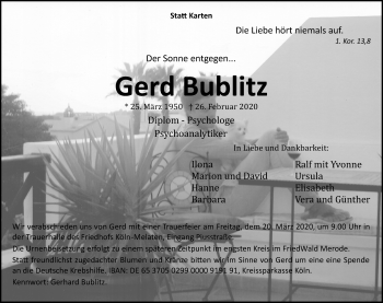 Anzeige von Gerd Bublitz von Zeitungsgruppe Köln