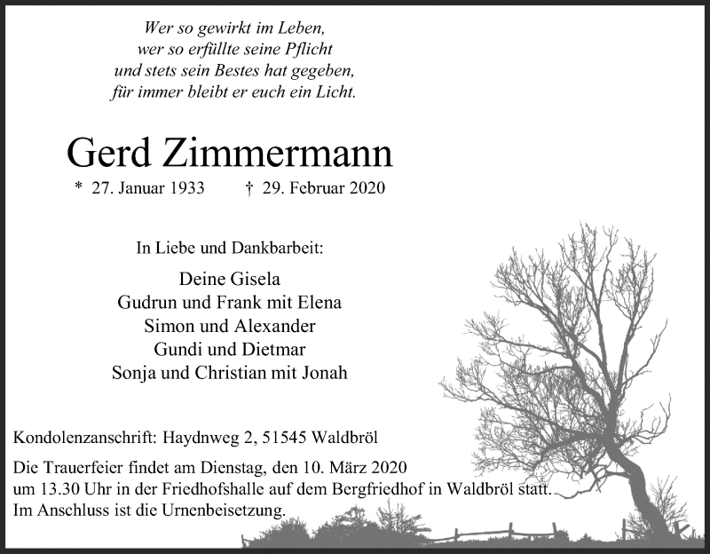  Traueranzeige für Gerd Zimmermann vom 07.03.2020 aus Kölner Stadt-Anzeiger / Kölnische Rundschau / Express