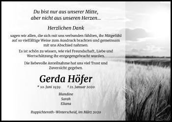 Anzeige von Gerda Höfer von Kölner Stadt-Anzeiger / Kölnische Rundschau / Express