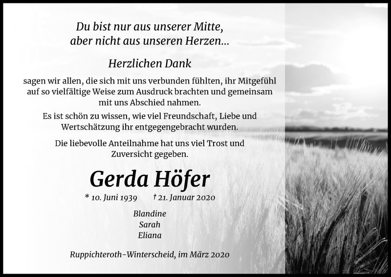 Traueranzeige für Gerda Höfer vom 07.03.2020 aus Kölner Stadt-Anzeiger / Kölnische Rundschau / Express
