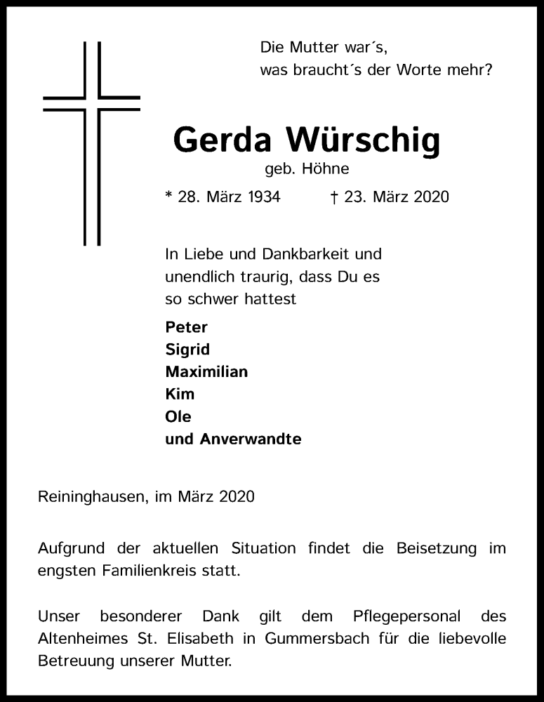  Traueranzeige für Gerda Würschig vom 26.03.2020 aus Kölner Stadt-Anzeiger / Kölnische Rundschau / Express