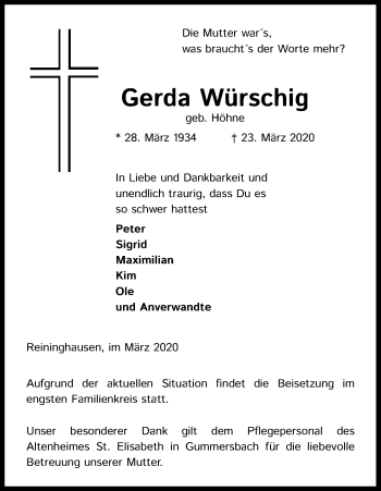 Anzeige von Gerda Würschig von Kölner Stadt-Anzeiger / Kölnische Rundschau / Express