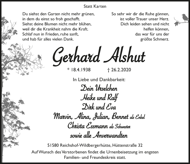  Traueranzeige für Gerhard Alshut vom 04.03.2020 aus  Anzeigen Echo 